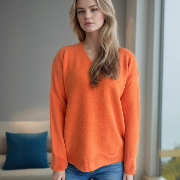 Damen bequemer V-Ausschnitt Pullover mit weichem Strickstoff Drune