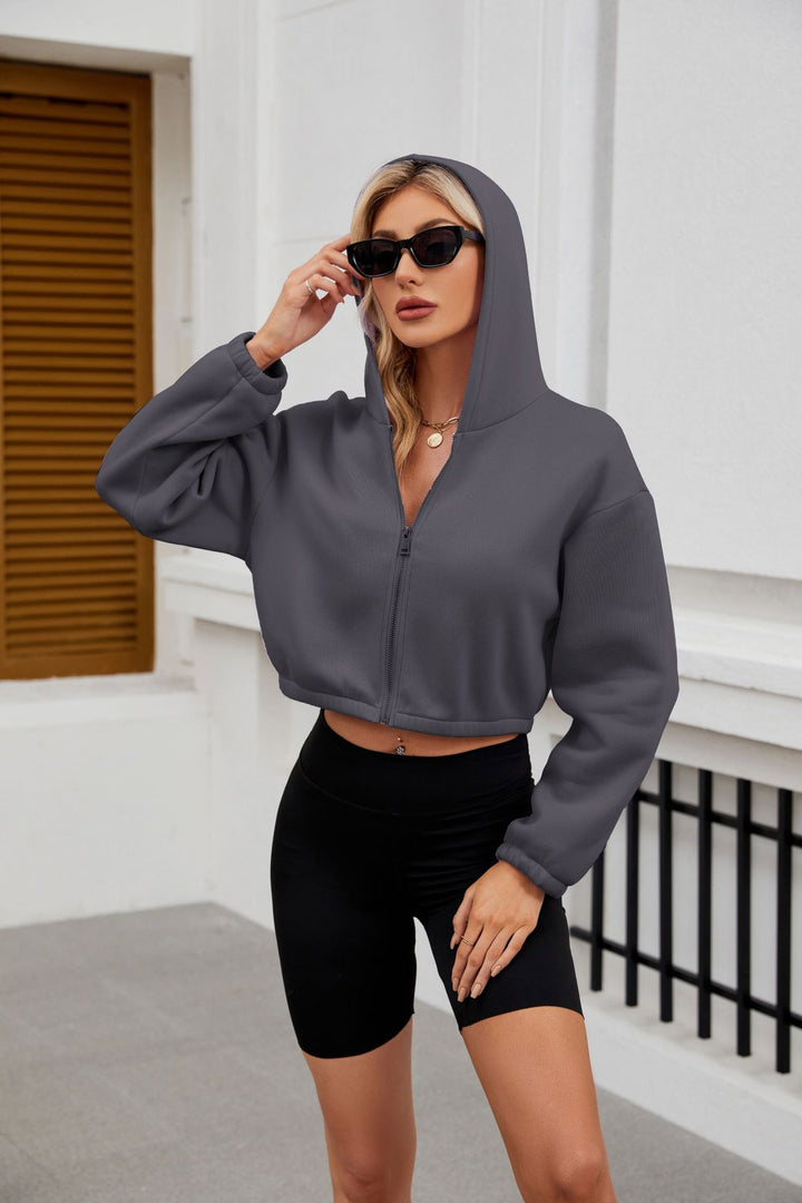 Damen Cropped Kapuzenjacke mit durchgehendem Reißverschluss und oversized Ärmeln Drune