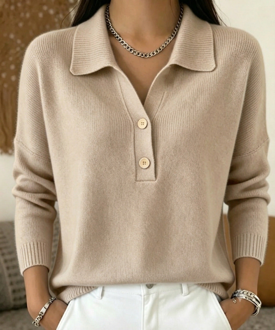 Damen Polokragen-Pullover mit halber Knopfleiste und geripptem Saum Drune