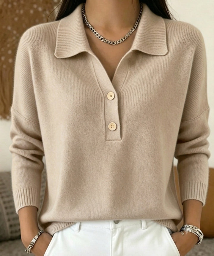 Damen Polokragen-Pullover mit halber Knopfleiste und geripptem Saum Drune
