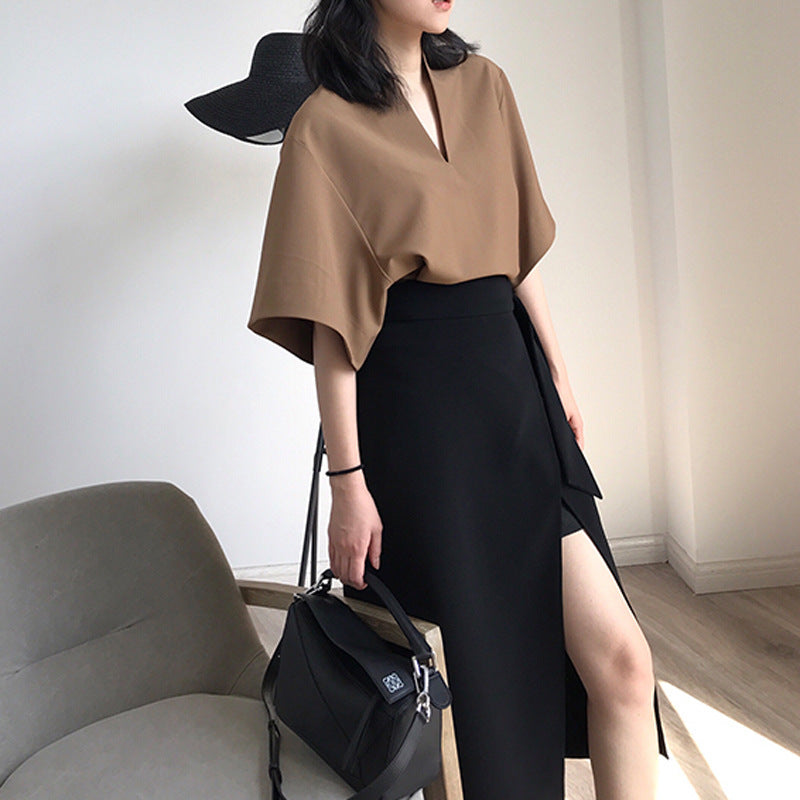 Damen Elegante Bluse mit V-Ausschnitt und weitem Schnitt Drune