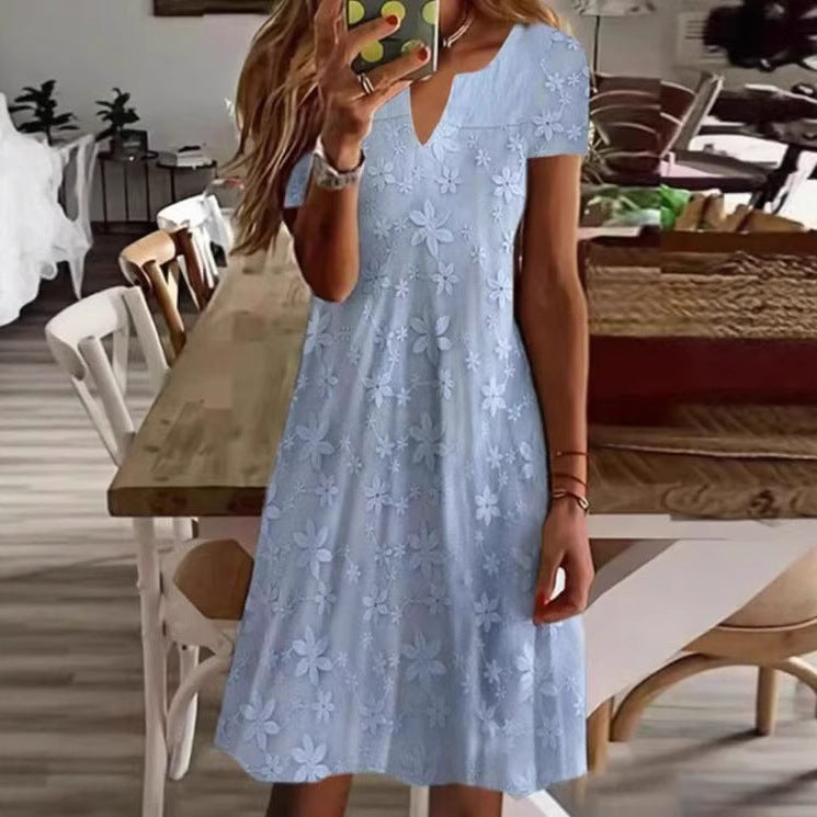Damen Freizeitkleid mit floralem Stickdesign und V-Ausschnitt Drune