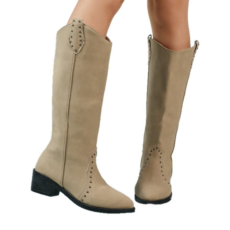 Damen kniehohe Veloursleder-Stiefel mit dekorativer Lochstanzung und mittlerem Blockabsatz Drune