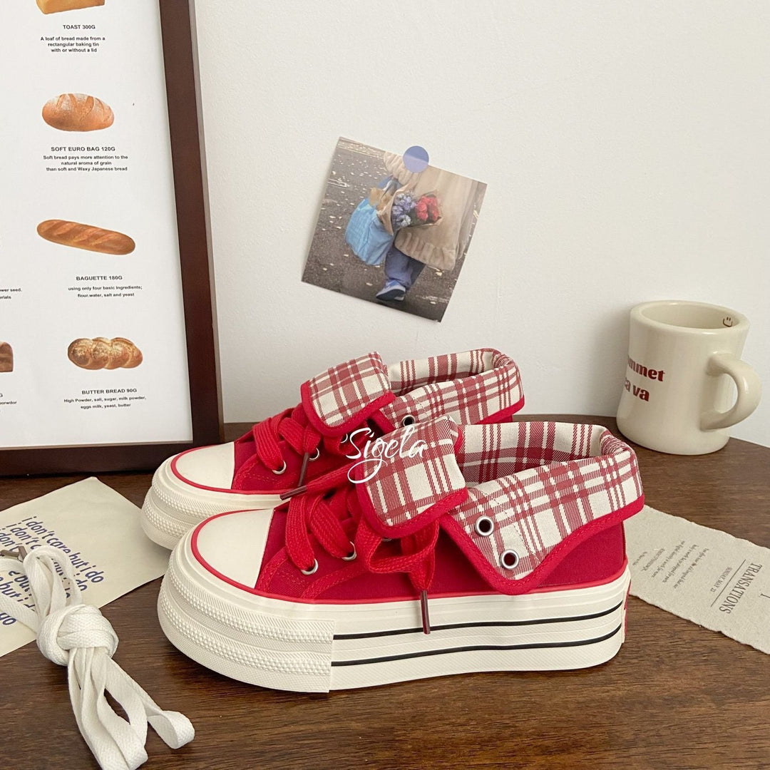 Damen Plateau-Sneaker mit abnehmbarem Kragen und modischen Karomustern Drune