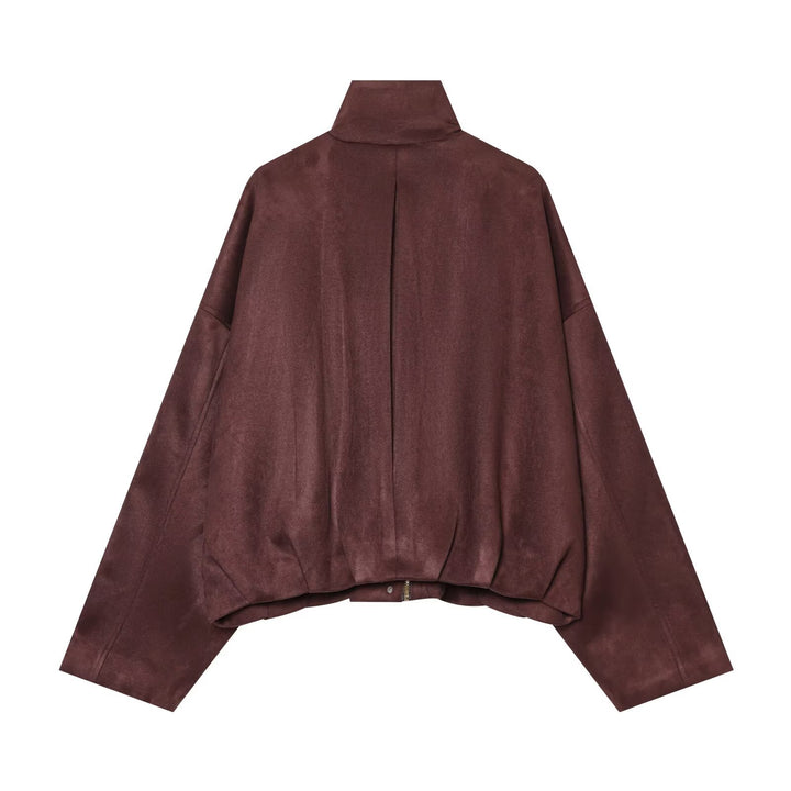 Damen Kurze Boxy-Jacke in Wildlederoptik mit Funnelkragen und Pattentaschen Drune