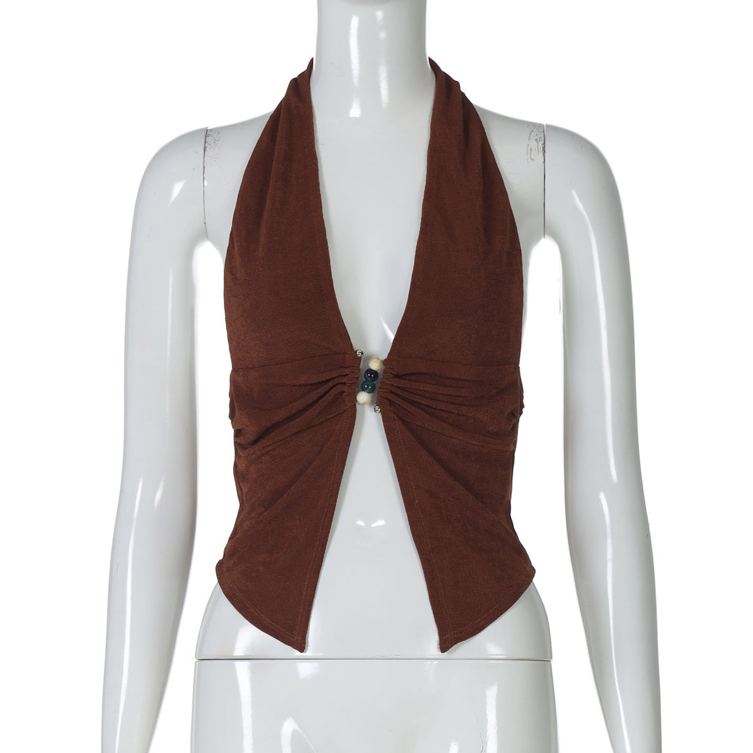Damen Haltertop mit eleganter Raffung und dekorativen Perlen Drune