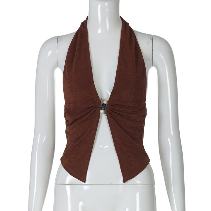Damen Haltertop mit eleganter Raffung und dekorativen Perlen Drune