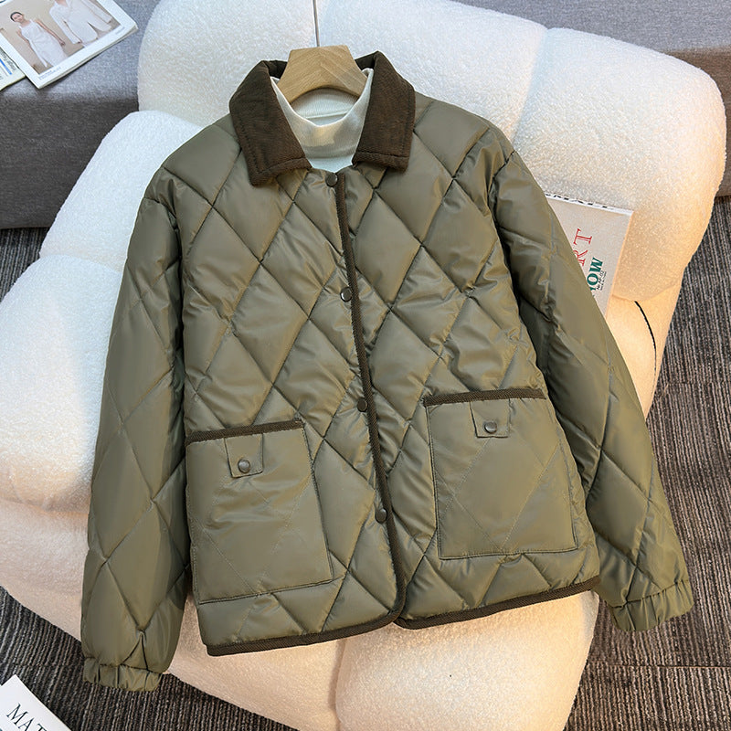 Damen nan karierter Thermo-Quiltblazer mit Cordkragen und aufgesetzten Druckknopf-Pattentaschen Drune