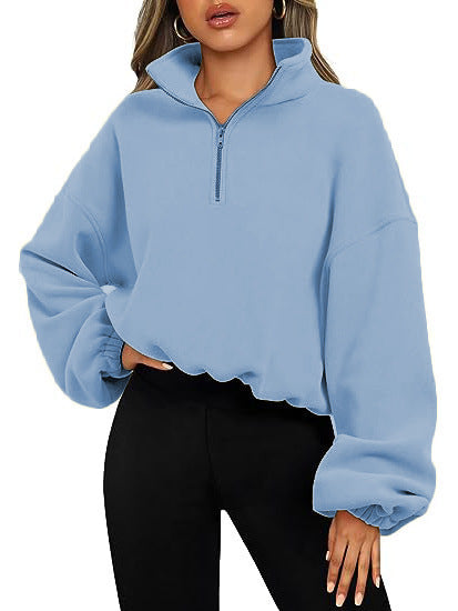 Damen nan kurz geschnittenes Halbzip-Sweatshirt mit hohem Stehkragen, Ballonärmeln und elastischem Saum Drune