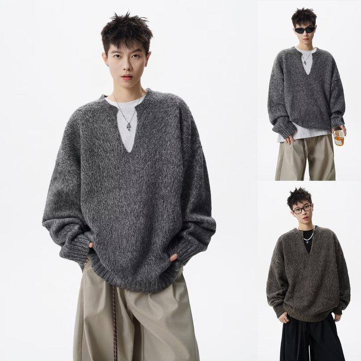 Herren Oversized Grobstrickpullover mit V-Ausschnitt Drune