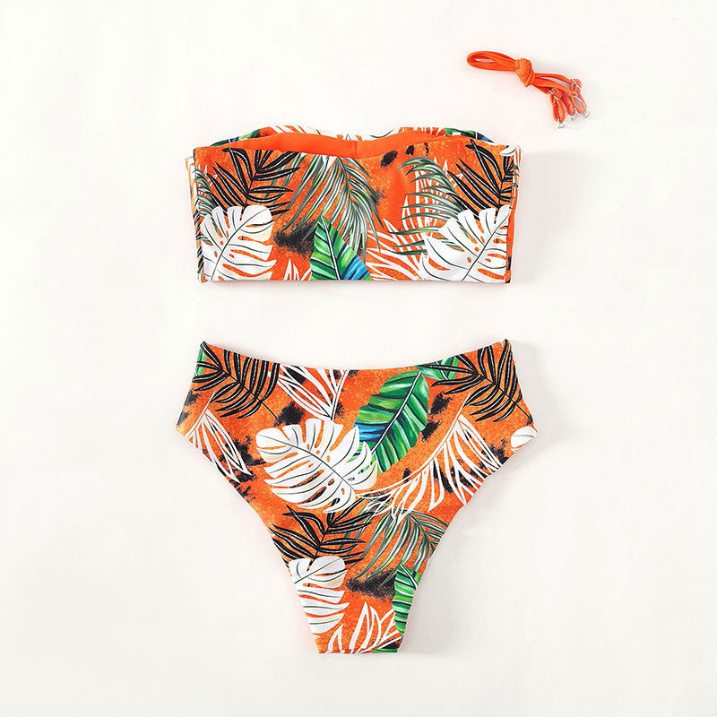 Damen Bandeau-Bikini mit lebhaftem Tropenmuster und hohem Taillenschnitt Drune
