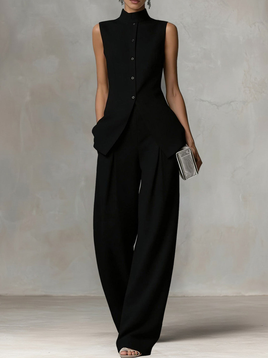 Damen Ärmelloser Leinen-Jumpsuit mit Stehkragen und weitem Bein Drune