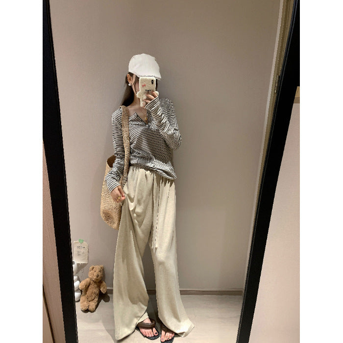 Damen Langarmshirt mit ausgefallenem Knopfdesign und Streifenmuster Drune