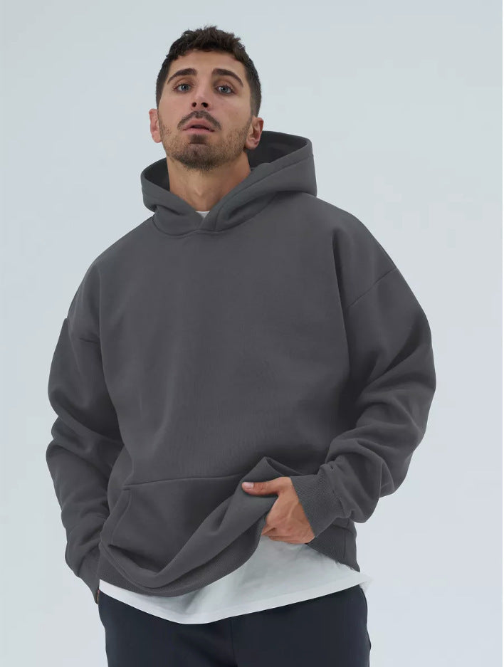 Herren nan schwerer Fleece-Boxy-Hoodie mit tiefem Schulterfall verstärkter Kapuze und Kängurutasche Drune
