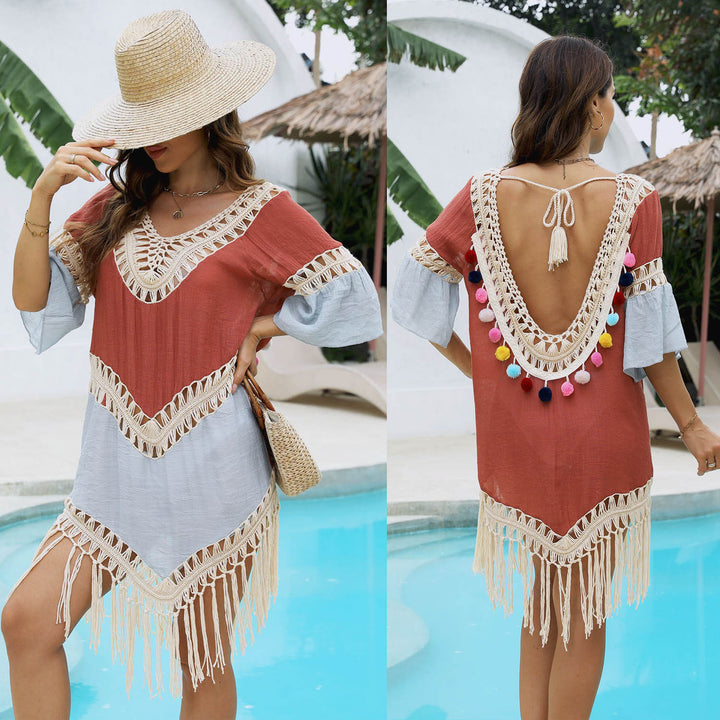 Damen Strandkleid mit eleganten Fransen und trendigem Häkelmuster Drune