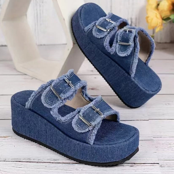 Damen bequeme Plattformsandalen aus Denim mit doppeltem Riemen Drune
