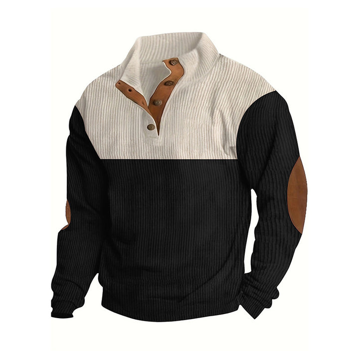 Herren Strukturierter Halbknopf-Pullover mit Stehkragen, Rippenstruktur und Ellenbogen-Patches Drune
