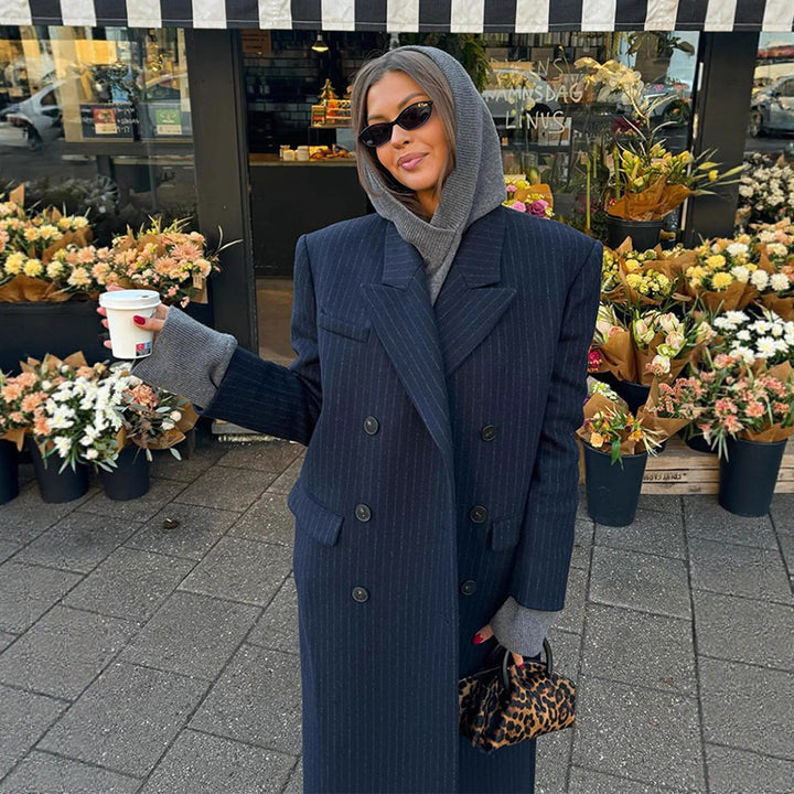 Damen Maximaler Oversize-Mantel im Nadelstreifen-Look mit doppelreihiger Knopfleiste und langen Silhouette Drune
