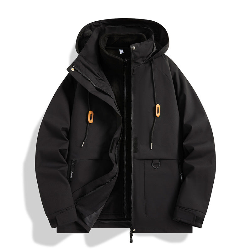 Herren Mehrlagige Softshell-Utilityjacke mit integriertem Fleece-Innenjackett, Kordelzugkapuze und Multifunktions-Taschen Drune