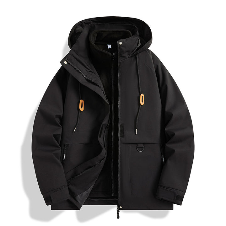 Herren Mehrlagige Softshell-Utilityjacke mit integriertem Fleece-Innenjackett, Kordelzugkapuze und Multifunktions-Taschen Drune