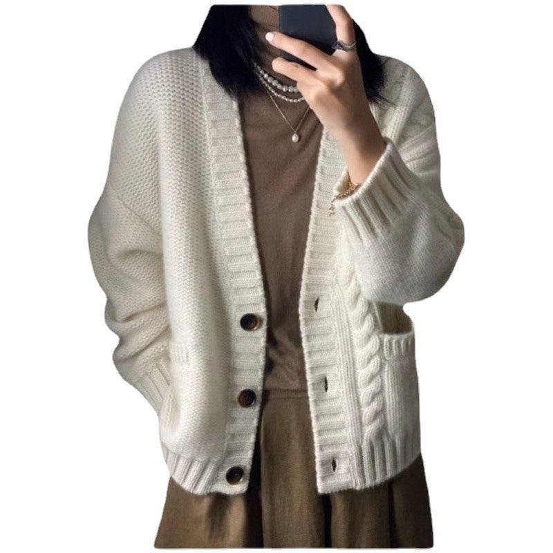 Damen Oversized Strickcardigan mit Zopfdetail, Eingrifftaschen und Knopfleiste Drune