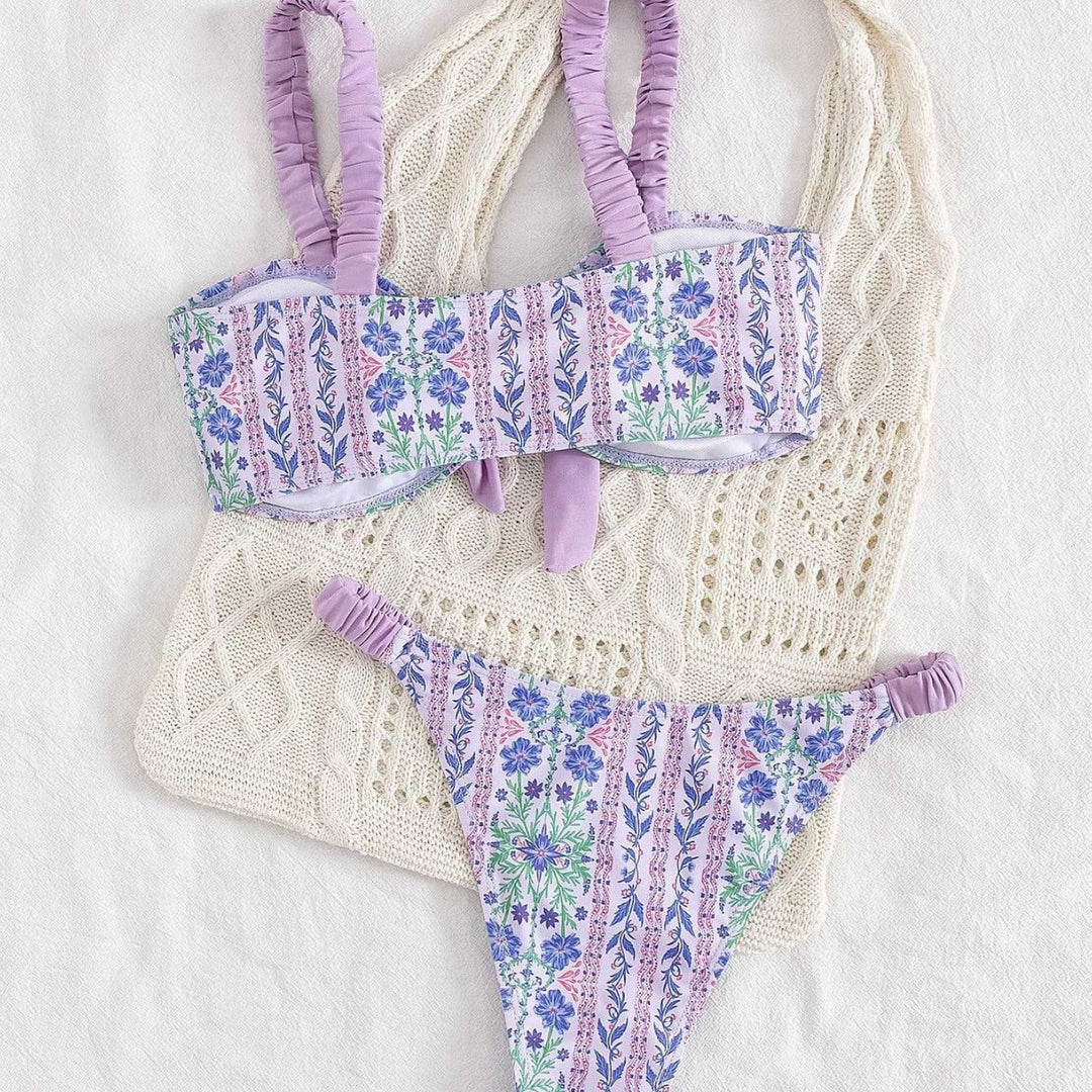 Damen Bandeau-Bikini mit floralem Design und verspielten Rüschen Drune