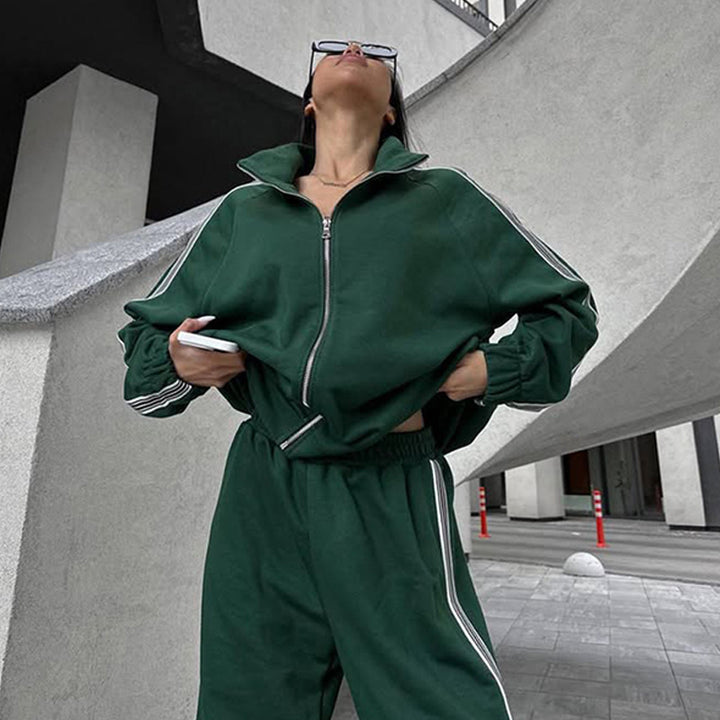 Damen Oversized Velours-Trainingsjacke mit markanten Kontraststreifen und geripptem Stehkragen Drune
