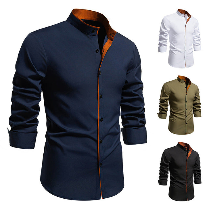 Herren Langarmhemd mit modernem Stehkragen und gesticktem Detail Drune