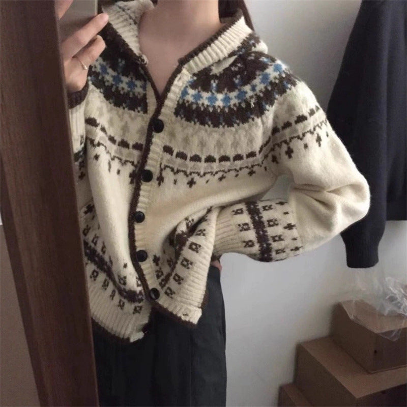 Damen modische Strickjacke mit Kapuze und traditionellem Norwegermuster Drune
