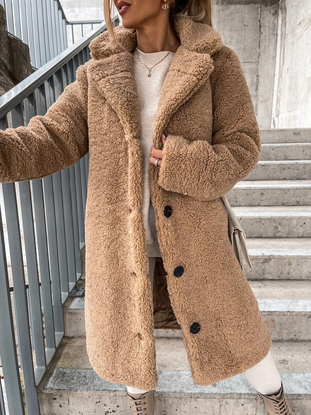 Damen Lange Teddy Faux-Shearling Knopf-Front Mantel mit Reverskragen Drune