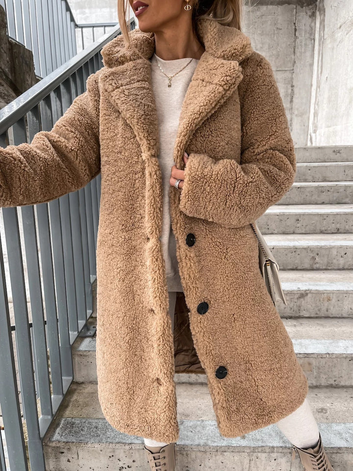 Damen Lange Teddy Faux-Shearling Knopf-Front Mantel mit Reverskragen Drune
