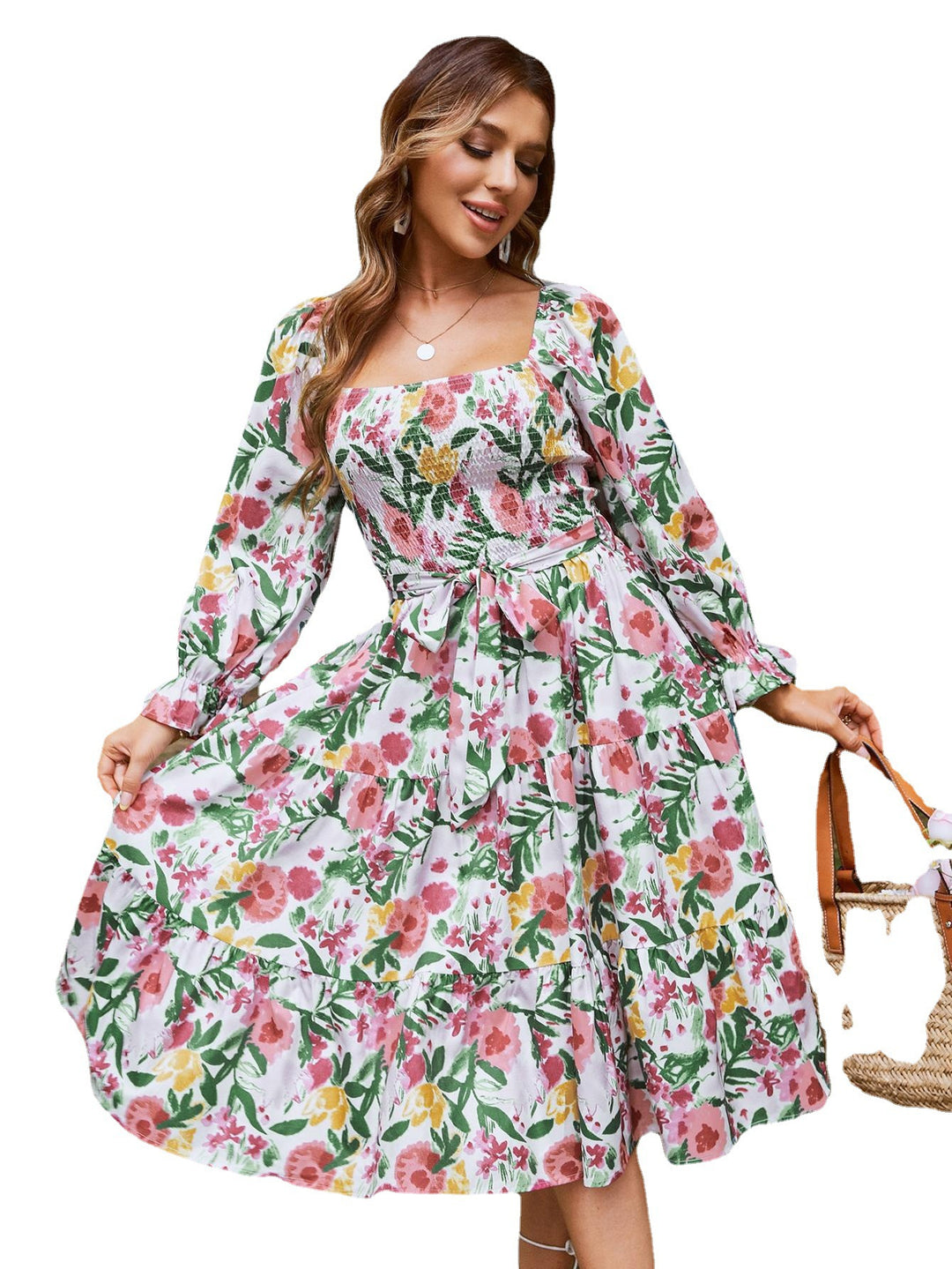 Damen Off-Shoulder Maxikleid mit floralem Print und Rüschendetails Drune