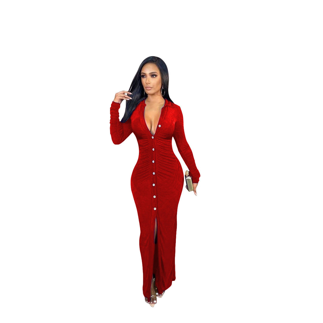 Damen Figurbetontes Maxikleid mit Knopfleiste, Raffung und tiefem V-Ausschnitt Drune