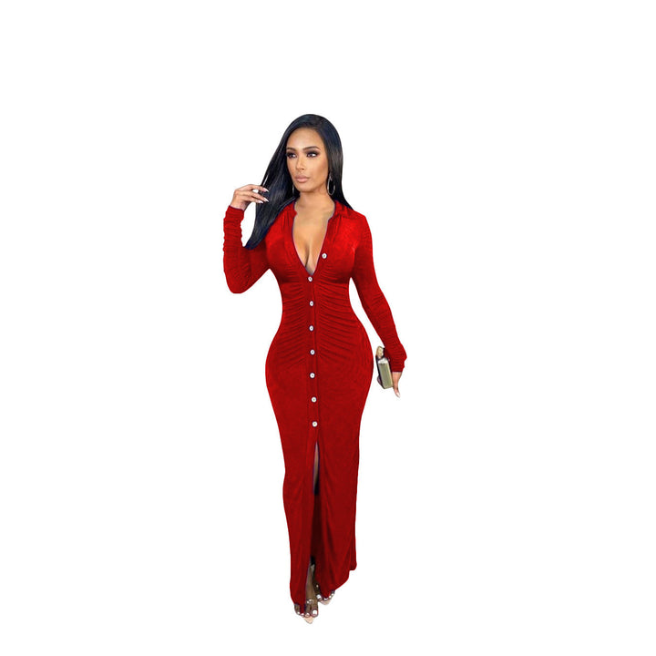 Damen Figurbetontes Maxikleid mit Knopfleiste, Raffung und tiefem V-Ausschnitt Drune