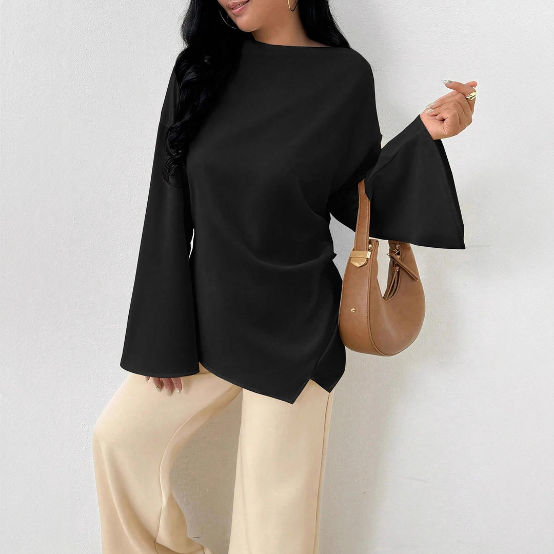 Damen nan oversized Satin-Tunika mit U-Boot-Ausschnitt und weiten Trompetenärmeln Drune