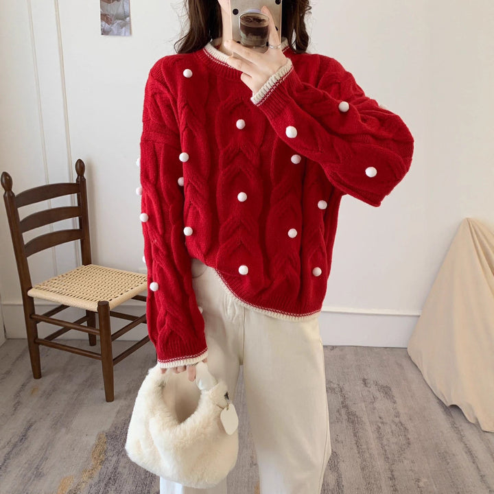 Damen Grob gestrickter Oversize Pullover mit lässigem Zopfmuster und verspielten Applikationen Drune