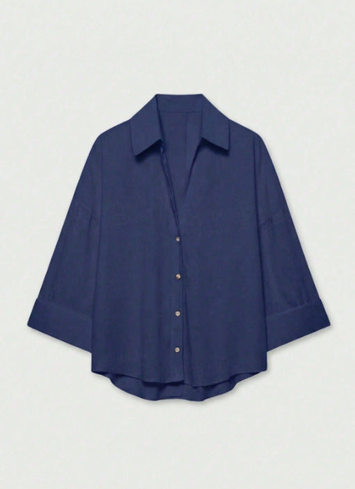 Damen Leichte Oversize Leinenoptik Bluse mit Dreiviertelärmeln und durchgehender Knopfleiste Drune