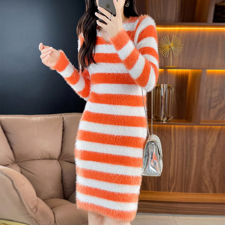 Damen Strickkleid mit modischem Streifenmuster und tiefem V-Ausschnitt Drune