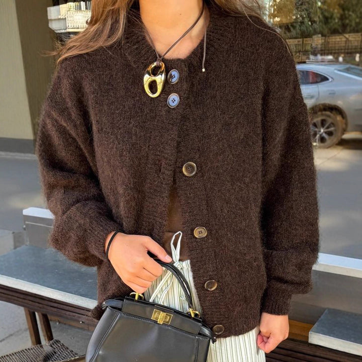 Damen kuschelige Strickjacke mit Oversize-Schnitt und Hornoptik-Knöpfen Drune