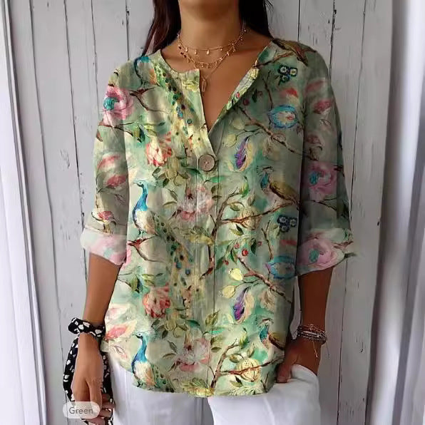 Damen Lose Blumenmuster Leinenlook Bluse Tunika mit V-Ausschnitt und Dreiviertelärmeln Drune