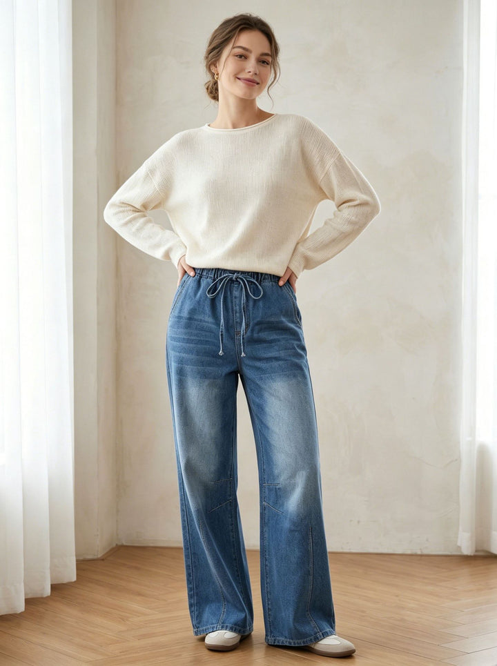 Damen nan Relaxed-Fit Denim-Hose mit elastischem Tunnelzugbund, dezentem Used-Effekt und weitem Bein Drune
