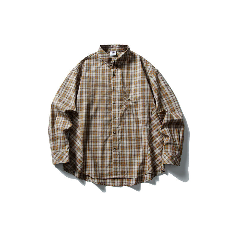 Unisex Oversize Kariertes Hemd mit Stehkragen, Brusttasche und gerundetem Saum Drune