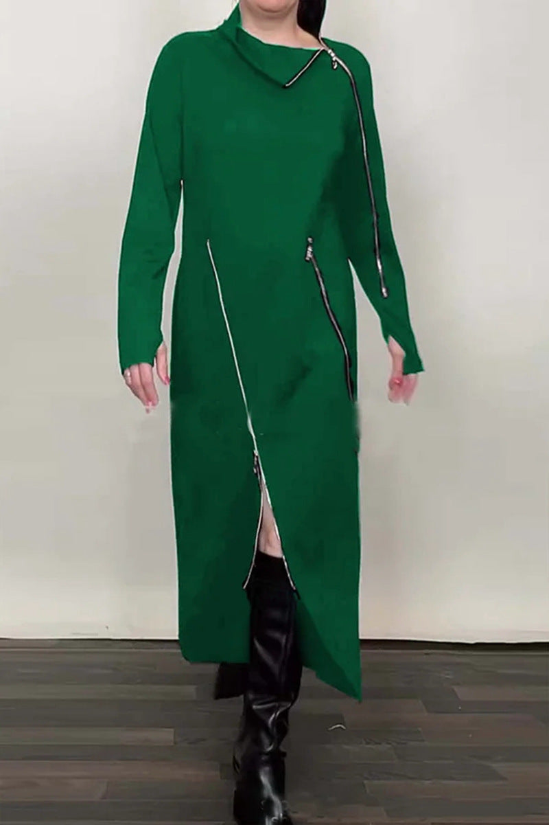 Damen nan langes Strickkleid mit asymmetrischen Metallreißverschlüssen und Frontschlitz Drune