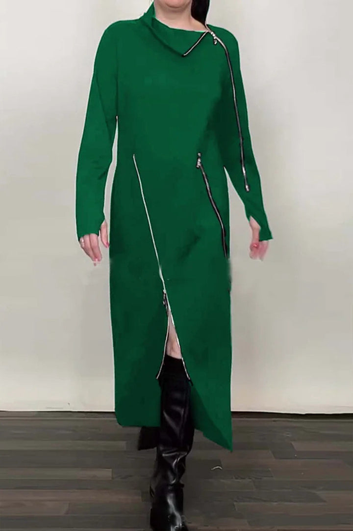 Damen nan langes Strickkleid mit asymmetrischen Metallreißverschlüssen und Frontschlitz Drune