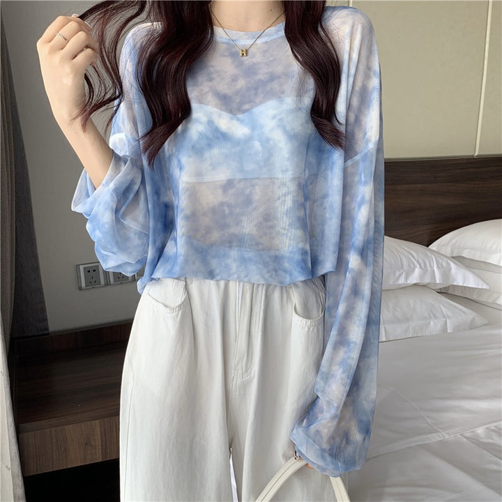 Damen transparenter Longsleeve-Oberteil mit modernem Tie-Dye-Muster Drune