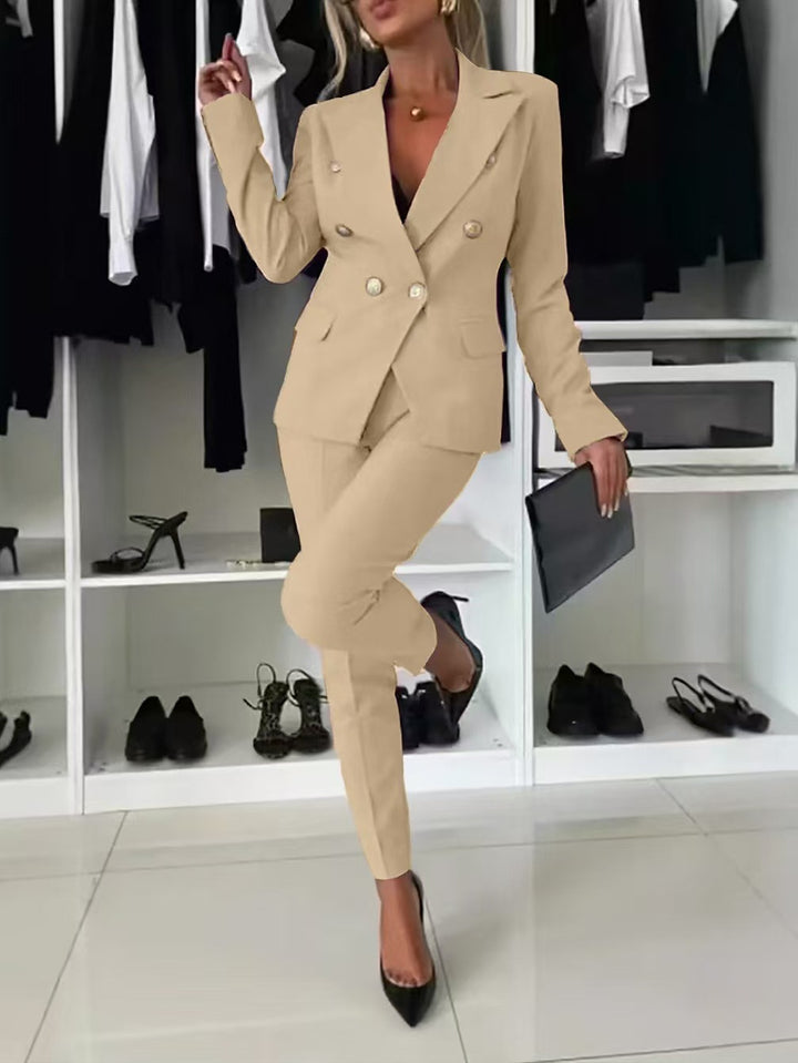 Damen eleganter taillierter Zweiteiler mit doppelter Knopfleiste und modischen Details Drune