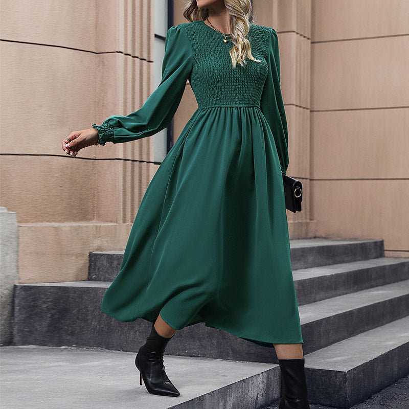 Damen Midikleid mit Smokoberteil, langen Ballonärmeln und ausgestelltem Rock Drune