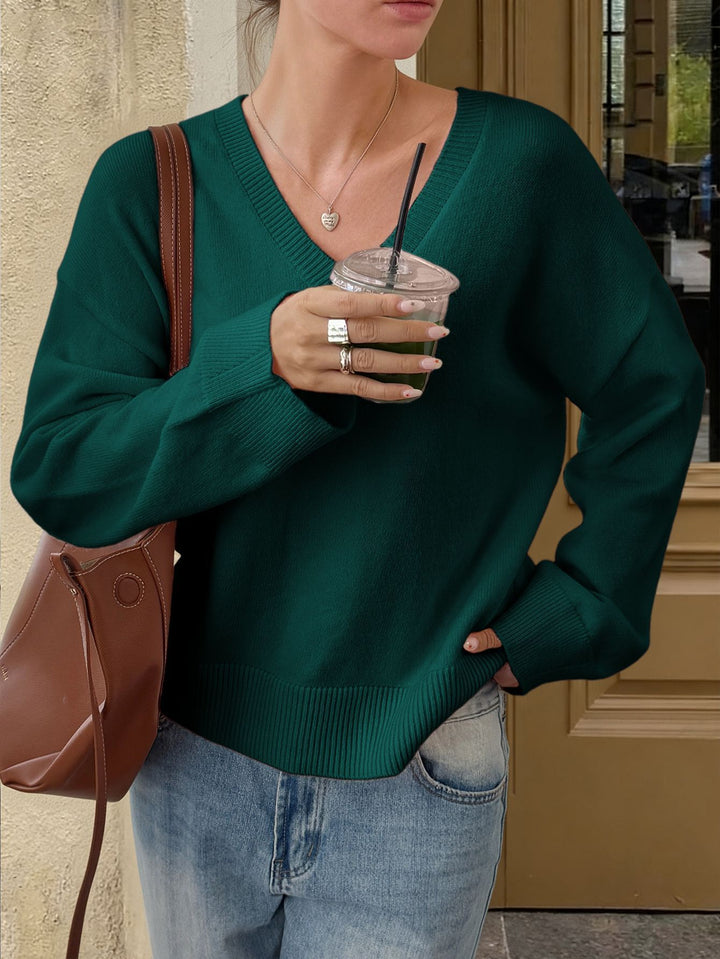 Damen nan oversized V-Ausschnitt Feinstrickpullover mit überschnittener Schulter, langen Kimonärmeln und breitem Rippbund Drune