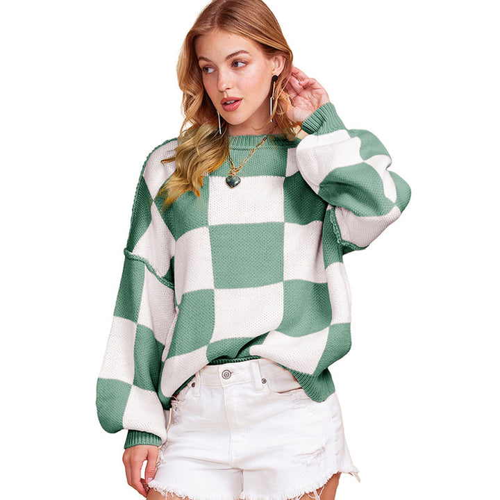 Damen Oversized Pullover mit Karomuster und voluminösen Ärmeln Drune
