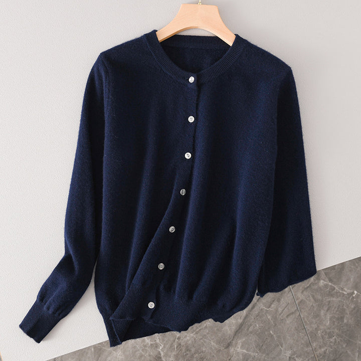 Damen Leichter Rundhals-Knopfcardigan in Kaschmiroptik mit feiner Rippkante und lässiger Silhouette Drune